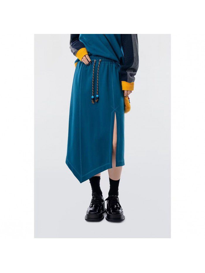 Simple and casual design, irregular split drawstring A-line half skirt, women's slim half skirt 