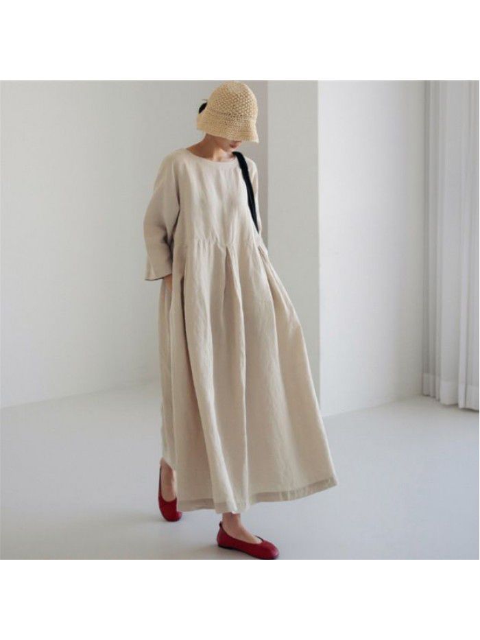 Loose Size Dress Women's Cotton Leprosy Round Neck Pullover Solid Color Over Knee Long Dress Large Swing Skirt