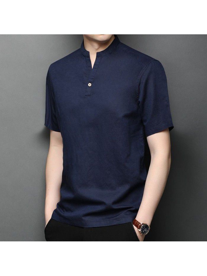 New Summer Men's Linen T-shirt Solid Fit Short Sleeve Casual 