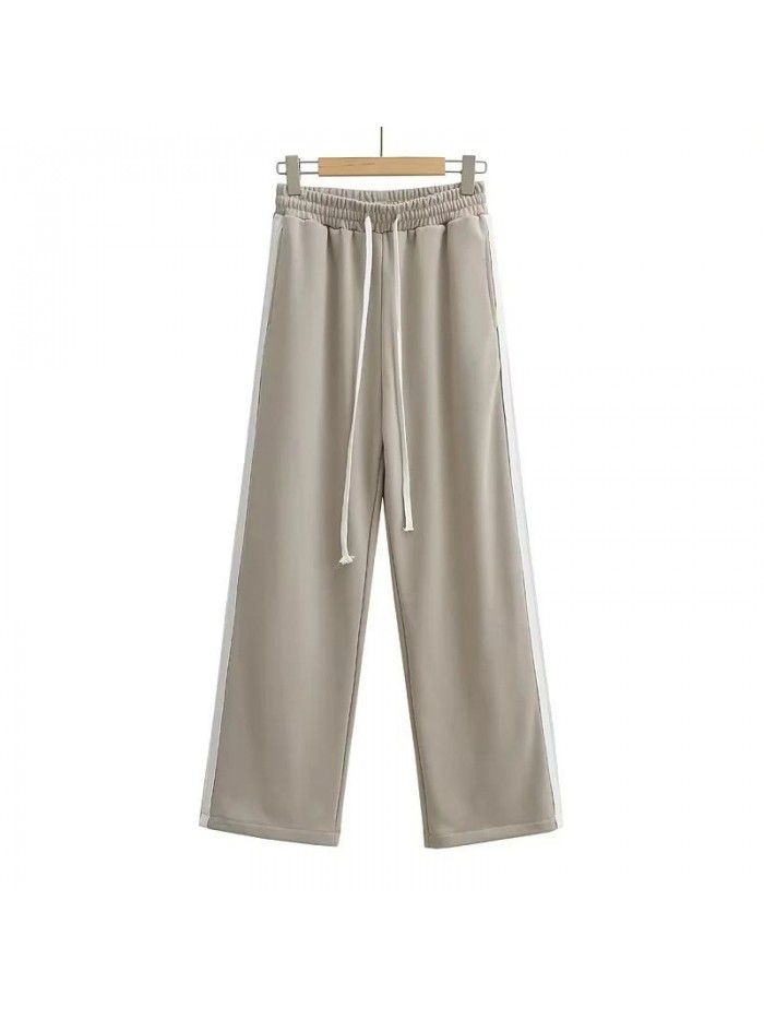 Side contrast color parallel bar guard pants Women's drawstring loose wide leg pants High waist slim casual pants Jazz dance pants 