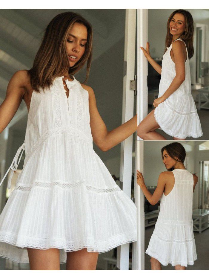 Women's vacation short skirt with lace stitching, stand up collar, button up, and large swing dress 