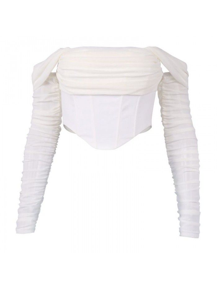 mesh fishbone perspective one line collar exposed navel short T-shirt top for women 