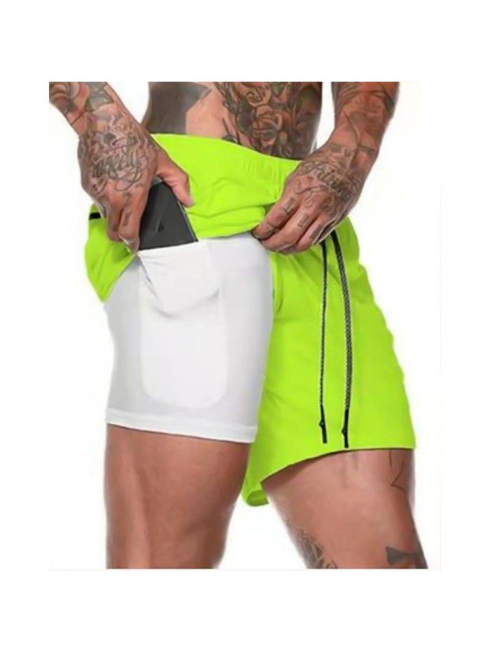 Men's double layer shorts, solid mesh sports and fitness training pants, five point casual pants, men's pants 