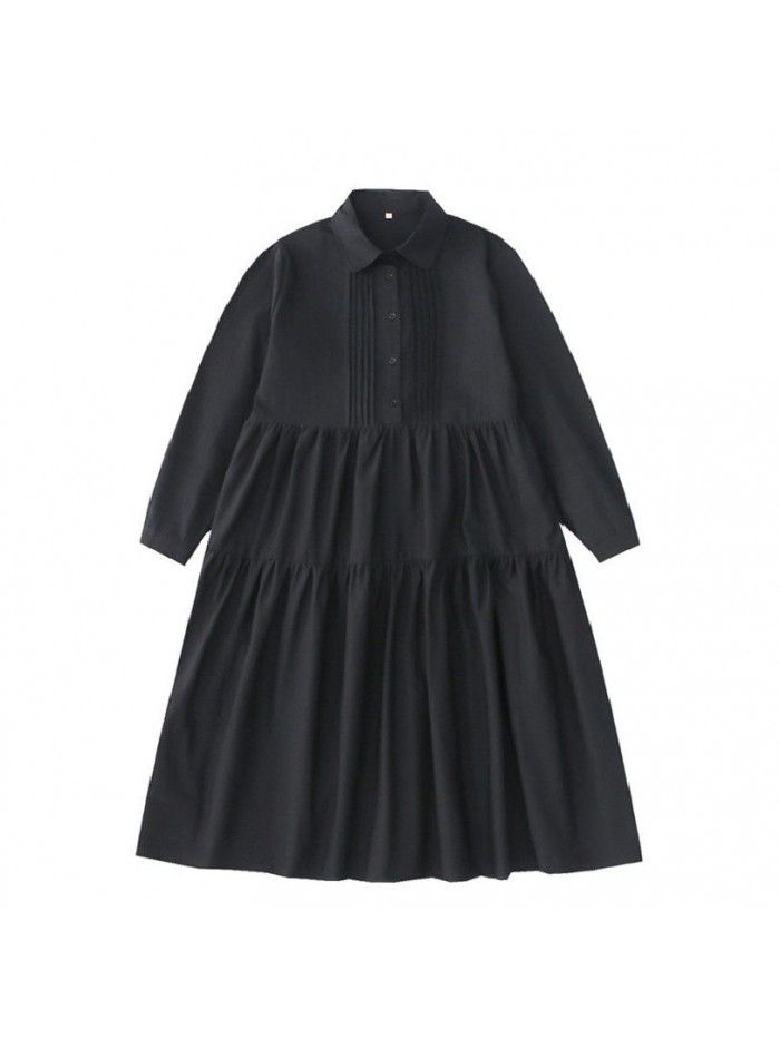 Japanese gentle temperament lapel organ pleated white loose mid length shirt skirt dress 