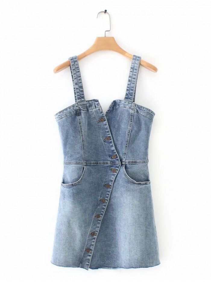 Spring/Summer Wrapped Chest Diagonal Button Denim Skirt Slim Fit Slim Slim Slim Slim Strap Dress Trendy Denim Skirt 