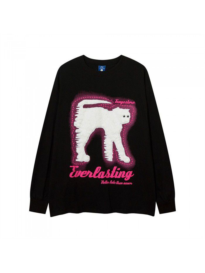 Funny Fried Cat Long Sleeve T-shirt Boy Cartoon Flocking Patch Embroidery Pure Cotton Loose T-shirt Top Street 