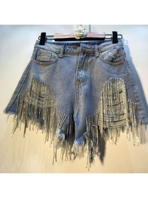 Perforated high waisted rhinestone tassel chain sl...