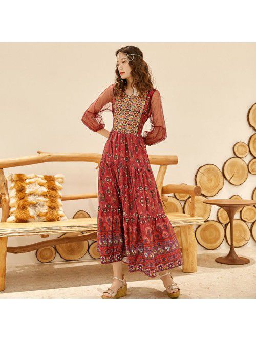 3/4 Sleeve Mesh Printed Long Dress Embroidered Eth...