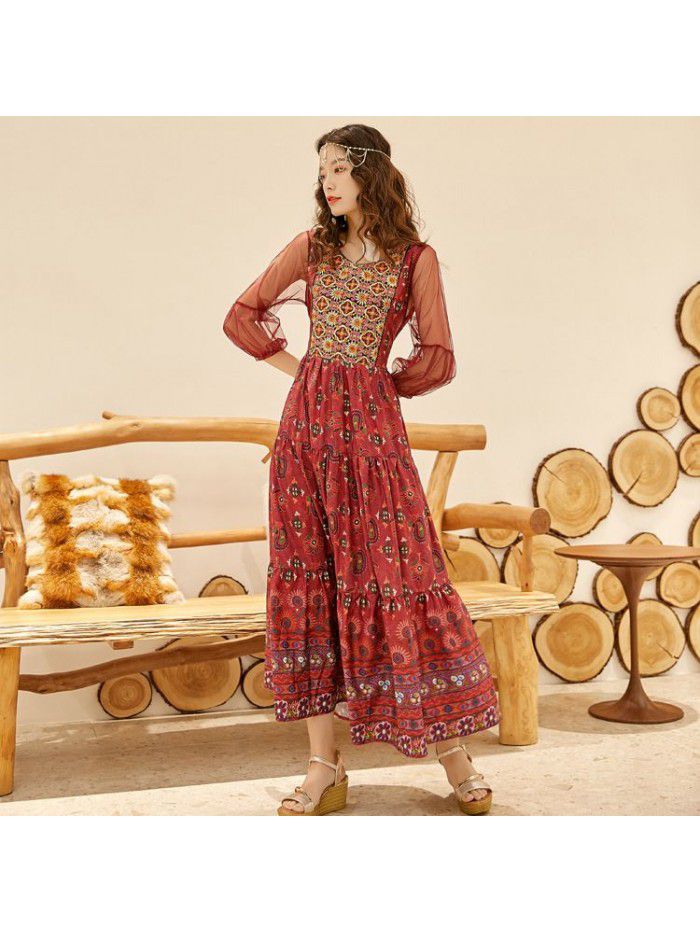 3/4 Sleeve Mesh Printed Long Dress Embroidered Ethnic Style Swing Dress 