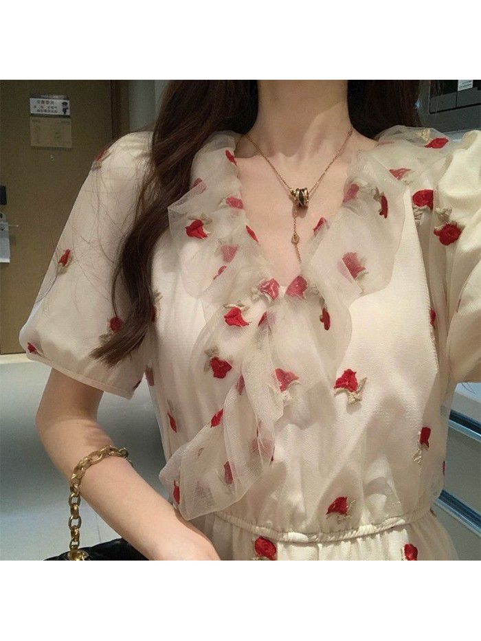 French Tea Break Girl Little Flower Dress V-neck Bubble Sleeve Mesh Dress Children's Summer New Style 