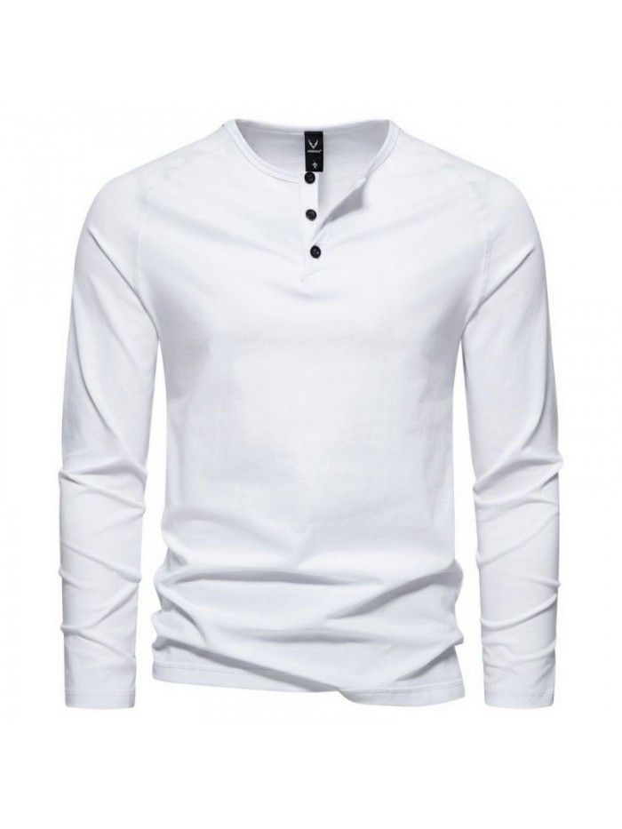 Autumn New Men's Henry Neck Long Sleeve T-shirt Large Casual Solid Underlay Shirt for Men 