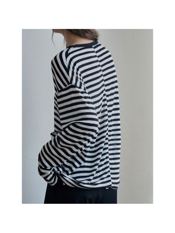 Autumn New Korean Version Lazy Soft Waxy Wool Striped T-shirt Loose, Slim, Comfortable Long Sleeve Casual Top 