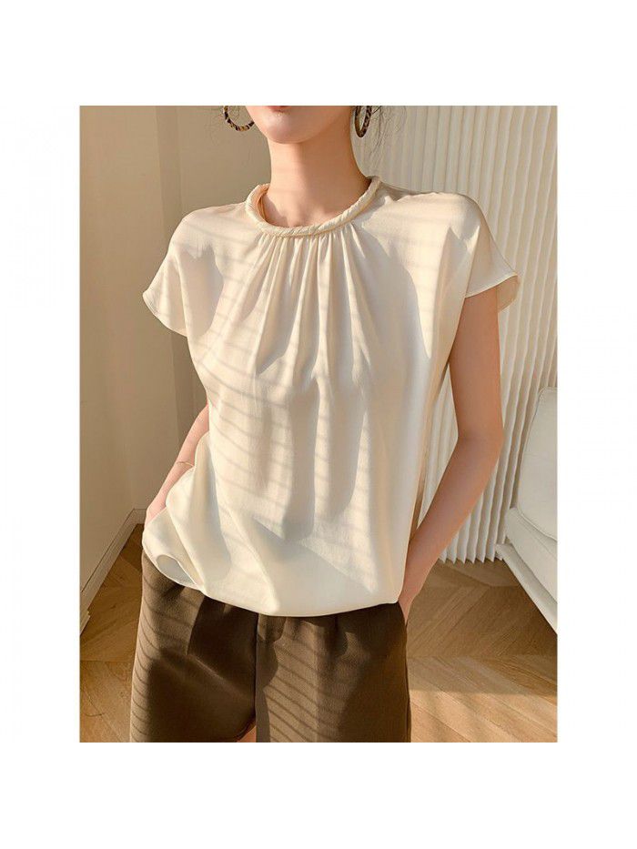 Summer short-sleeved shirt French fashion western-style satin short-sleeved retro court style female T-shirt top summer 