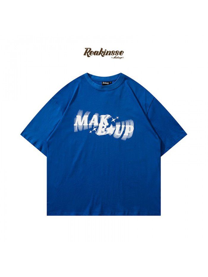 Loose spray halo dye letter print men's trendy couple short sleeved T-shirt 
