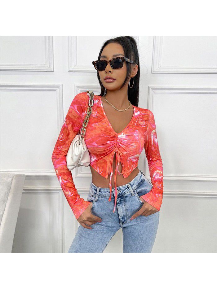 V-neck long sleeved drawstring slim fitting exposed navel top breathable pleated solid color simple sweet T-shirt Women's casual spring and autumn top 