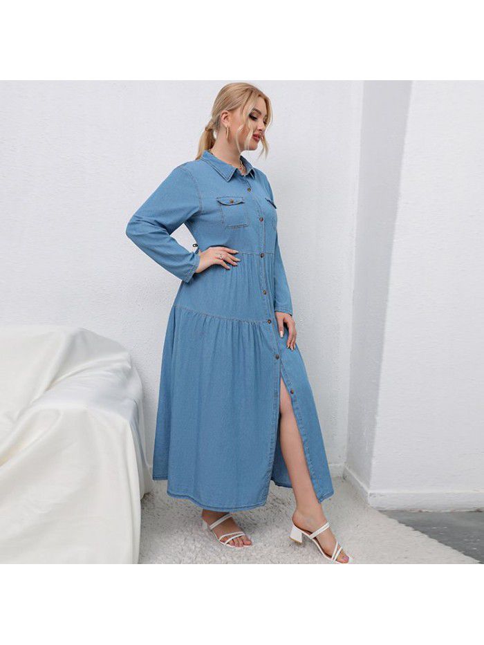 High waisted blue denim long dress cardigan temperament commuting women's denim 