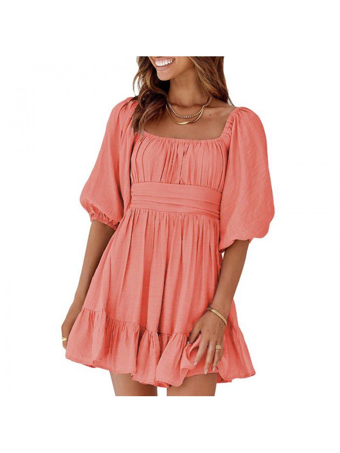 Dress Women's New Summer Off Shoulder Solid Color Lacing Ruffle Sleeves Casual Dress Women