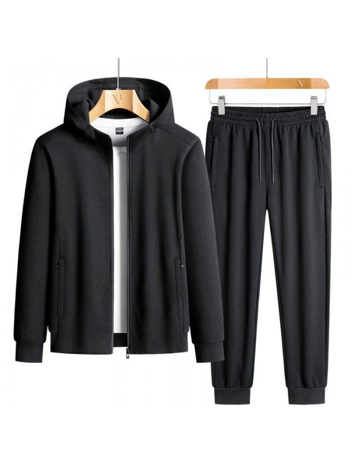 Spring and Autumn New Leisure Sports Pearl Cotton Large Set Men's Trendy Solid Hooded Set 