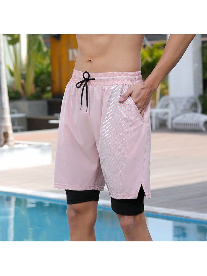 Fake Two Piece Double Layer Quick Drying Sports Shorts for Men's New Printed Breathable Split Running Fitness Capris 