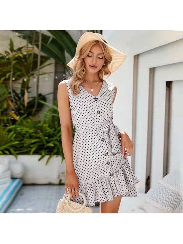 Summer Lace up V-neck Mid length Dress Temperament Commuter New Wave Dot Dress 