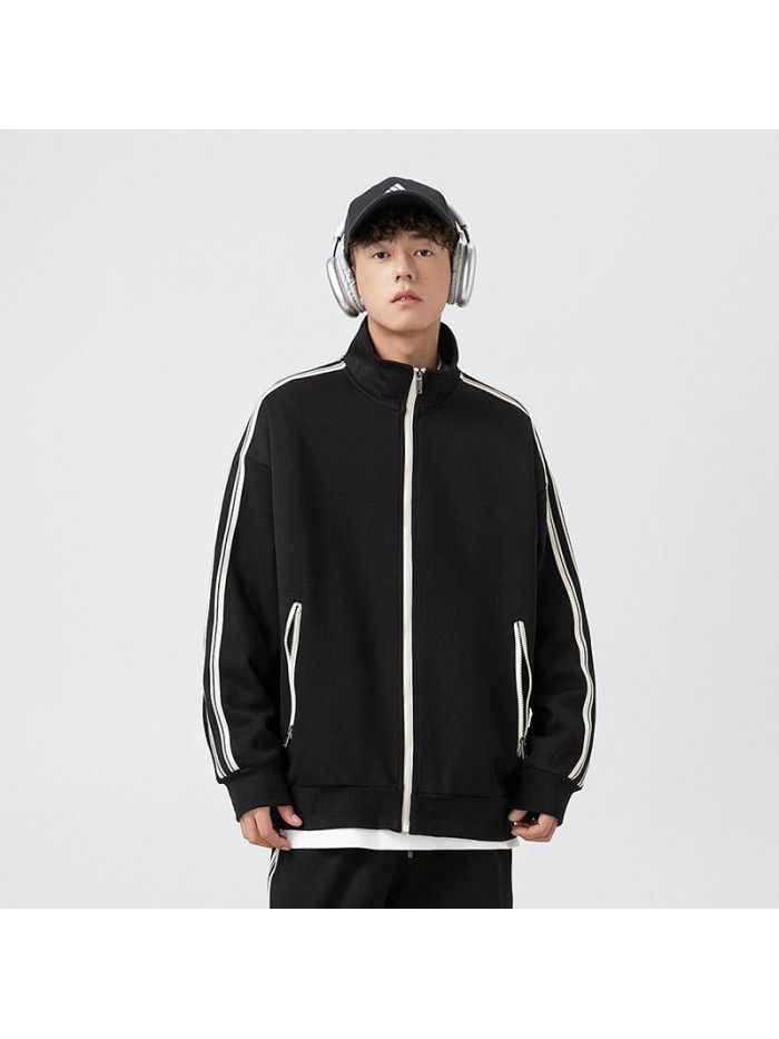 Retro American Street Style Casual Sports Set Men's Cardigan Mock Neck Jacket Guard Pants Autumn Couple Two Piece Set 