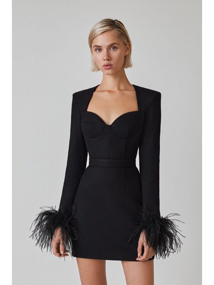 Autumn and Winter New Long Sleeve Feather Cuff Bandage Dress European and American Fashion Elegant Dress Party Dress Dress 