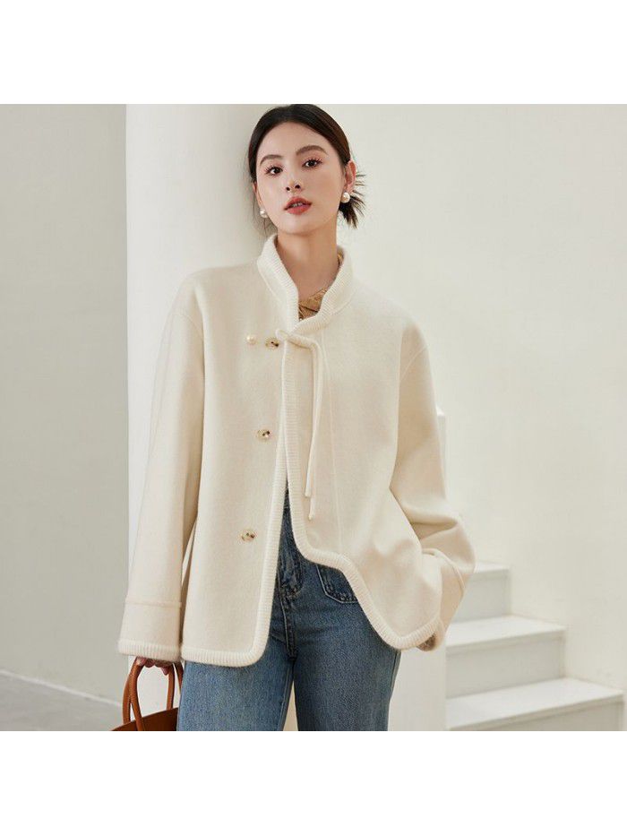 Double sided cashmere coat with button up for women's autumn and winter high-end woolen jacket