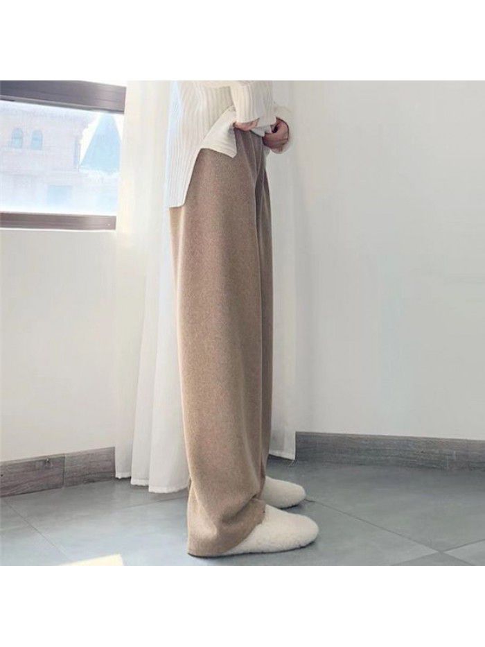 Women's knitted wide leg trousers in autumn and winter, corduroy shows thin, high waist, loose, draping, straight tube, floor, imitation cashmere pants 