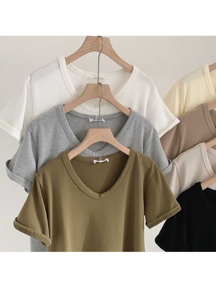 V-neck brushed T-shirt for women's early autumn new product temperament Korean Morandi solid color versatile short sleeved T-shirt for women 