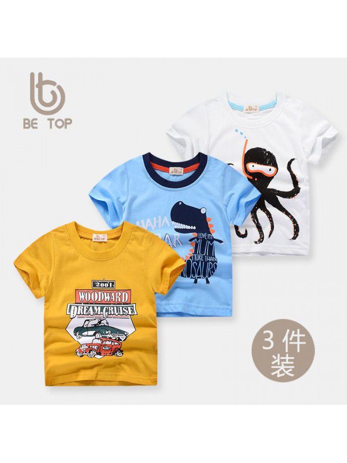 Summer children's short sleeved T-shirt, boys' pure cotton three piece children's clothing, three piece combination set, girls' top 