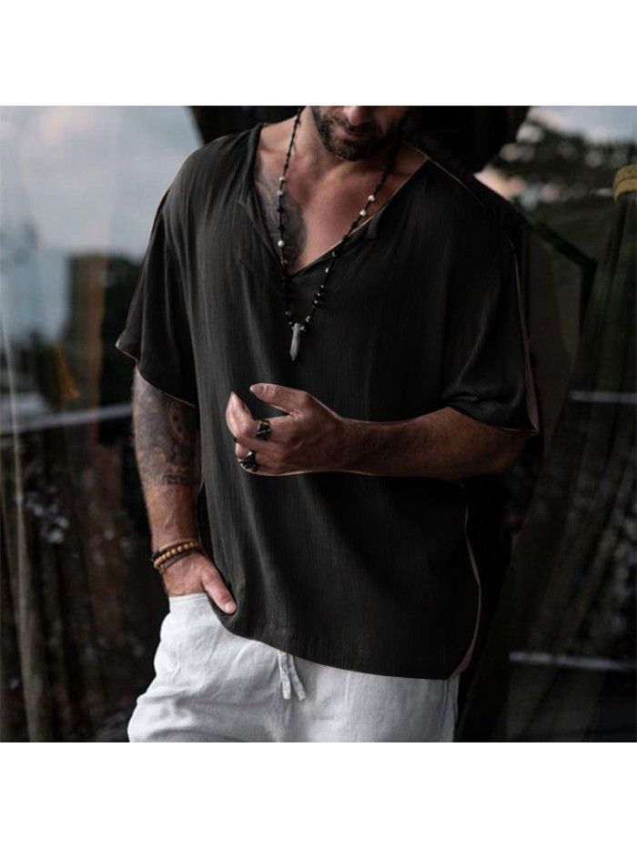 Summer Southeast Asia Street Fashion Men's V-Neck Shirt European and American Casual Loose Solid Neck Medium Sleeve T-shirt 
