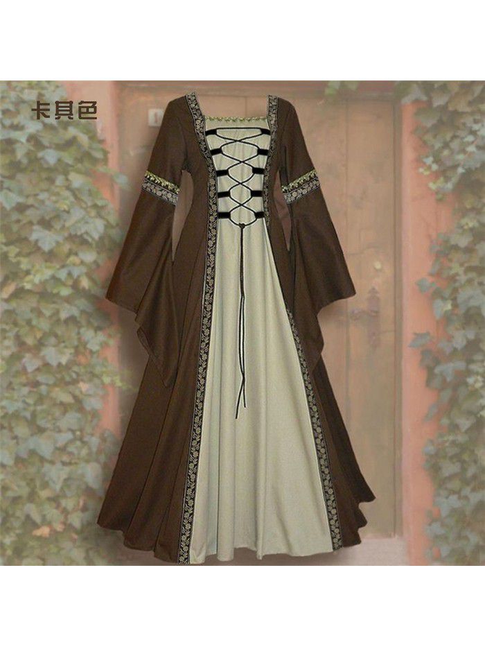 Square neck long sleeved flared sleeve lace up long style dress Gothic retro women's clothing 