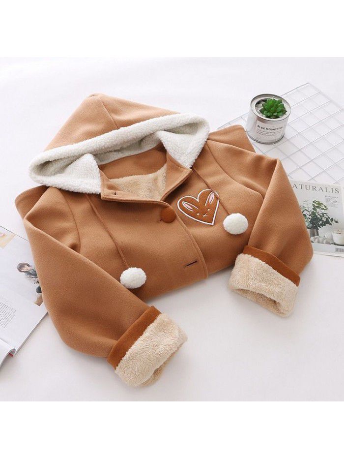 Forest Women's Winter Dress Cute Cat Embroidery with Plush Coat Warm Coat