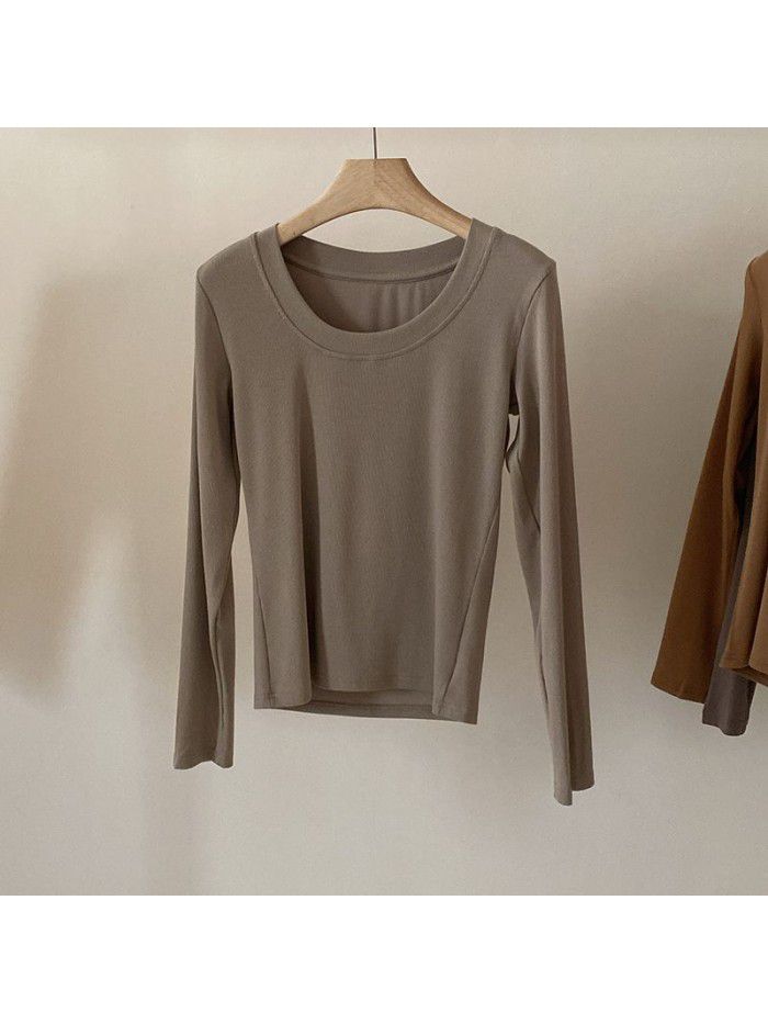 Practical and minimalist round neck long sleeved t-shirt for women's basic versatile slim fitting top 