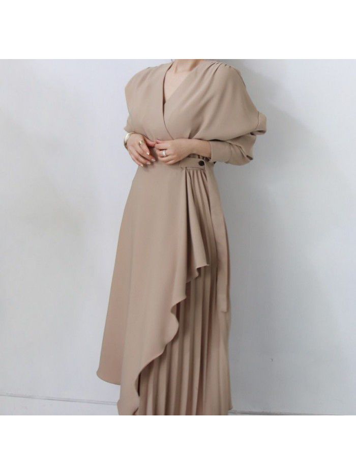 Vintage dress Long French Hepburn chiffon pleated shirt skirt Irregular V-neck long skirt Korean skirt 