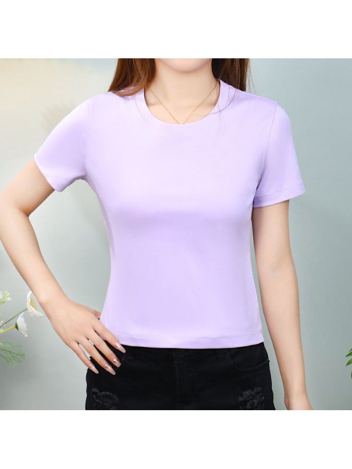 T-shirt Women's Short Cotton High Waist Summer Loose Simple Round Neck Korean Versatile Solid Color T-shirt 
