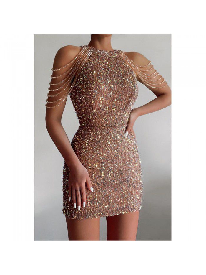 Sequin short dress dress spring and summer women's popular round neck sexy slim fringed dress 