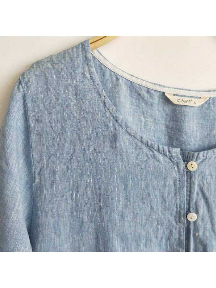 Pure linen medium sleeved medium length large swing dress 