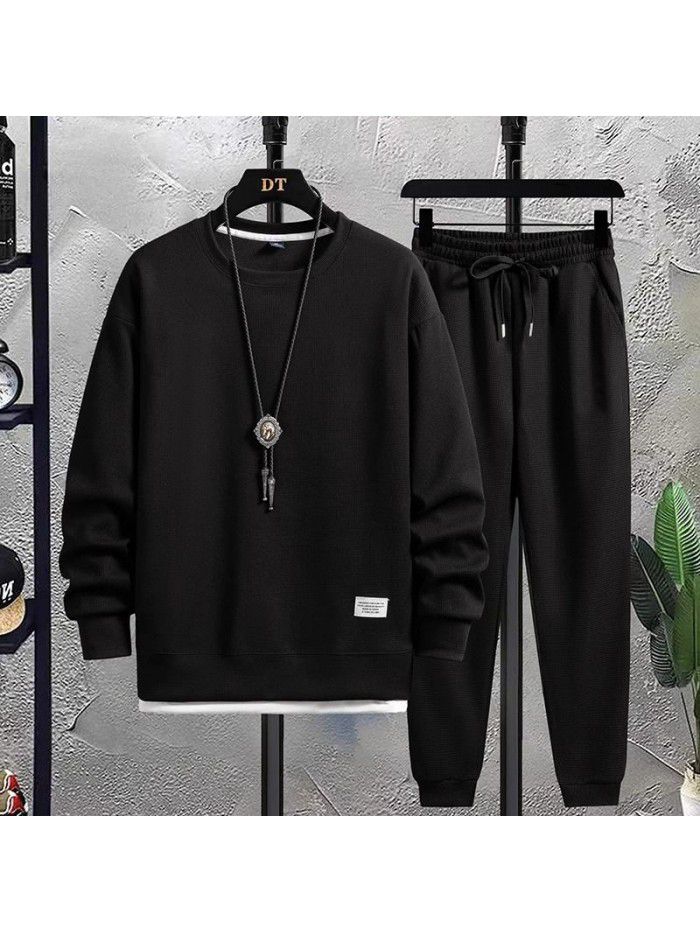 New Men's Leisure Sports Set Men's Fashion Brand Men's Sweater T-shirt Handsome Waffle Autumn Men's Wear 