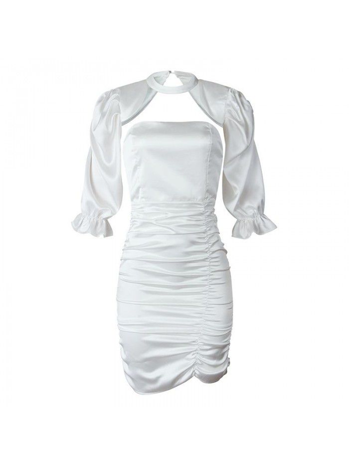 Design Sense Bubble Sleeve Pleated Spicy Girl Open Back Wrapped Chest Muse Dress 