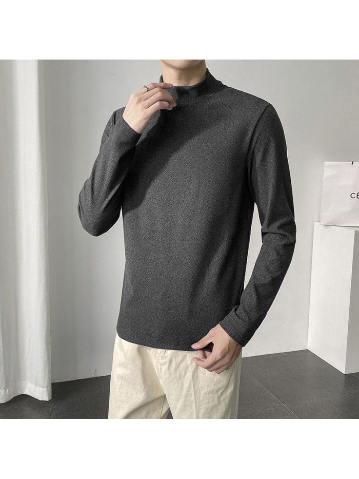 Autumn and Winter New Men's German Velvet Half High Neck Light Mature Style Long Sleeve T-shirt Men's Solid Round Neck Large Casual Bottom Shirt 