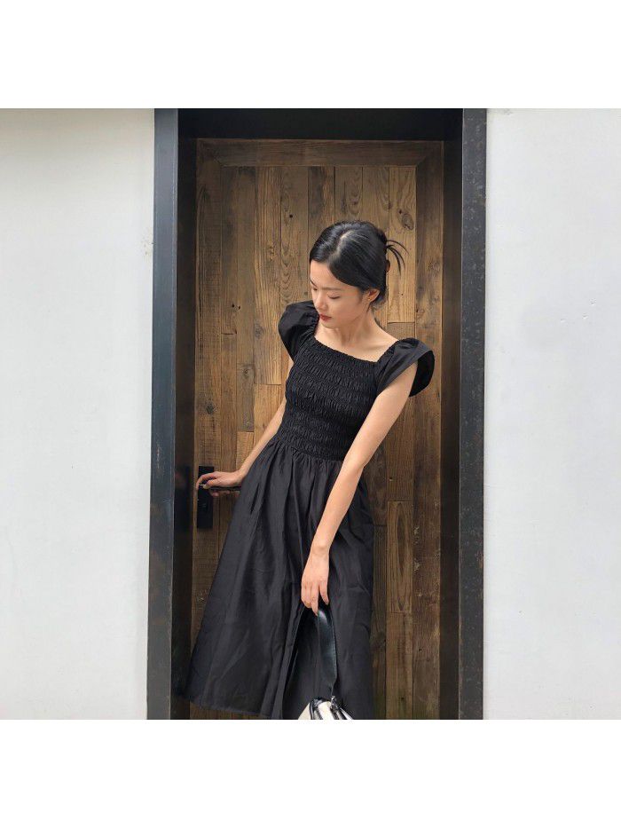 One line neckline dress dress with tie up waist and slim A-line dress for women 