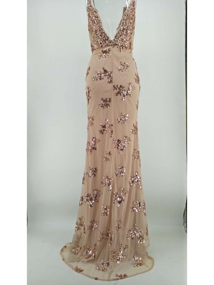 New Sequin Strap Sexy Open Back Long Dress with Deep V-neck Split Floor Dress 