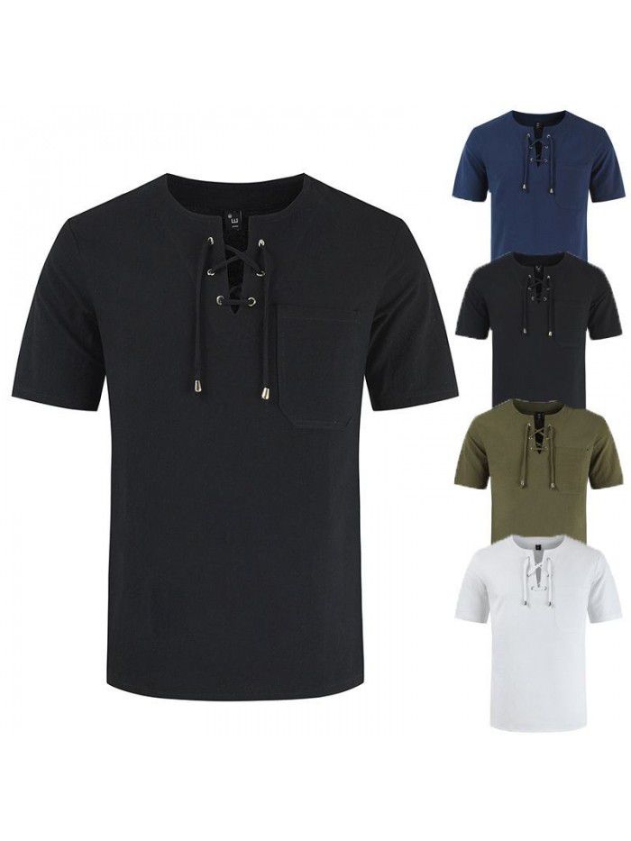 Summer New Street Men's Short Sleeve T-shirt Cotton Hemp Lacing Casual Fashion T-shirt 