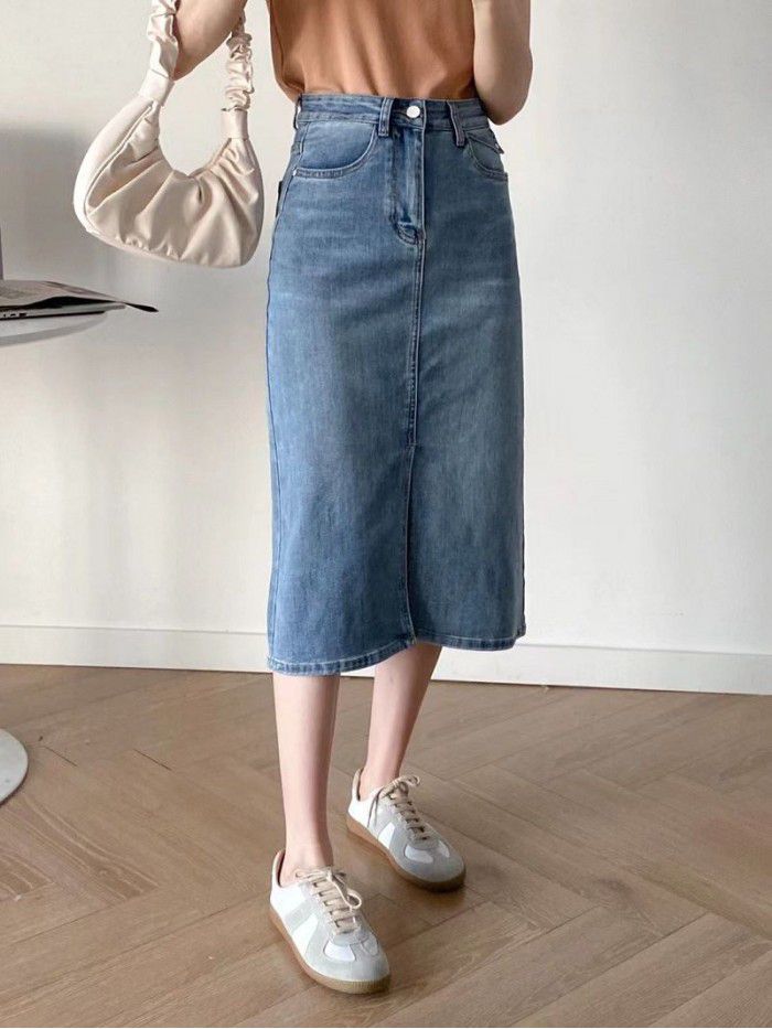 Summer New Front Split Elastic Halfskirt High Waist Slim denim Midskirt for Women 