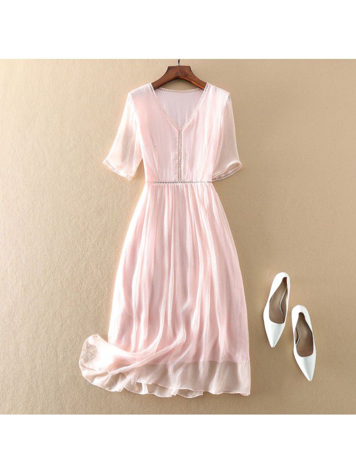 Summer New Women's Commuter Elegant Temperament White Silk Dress 