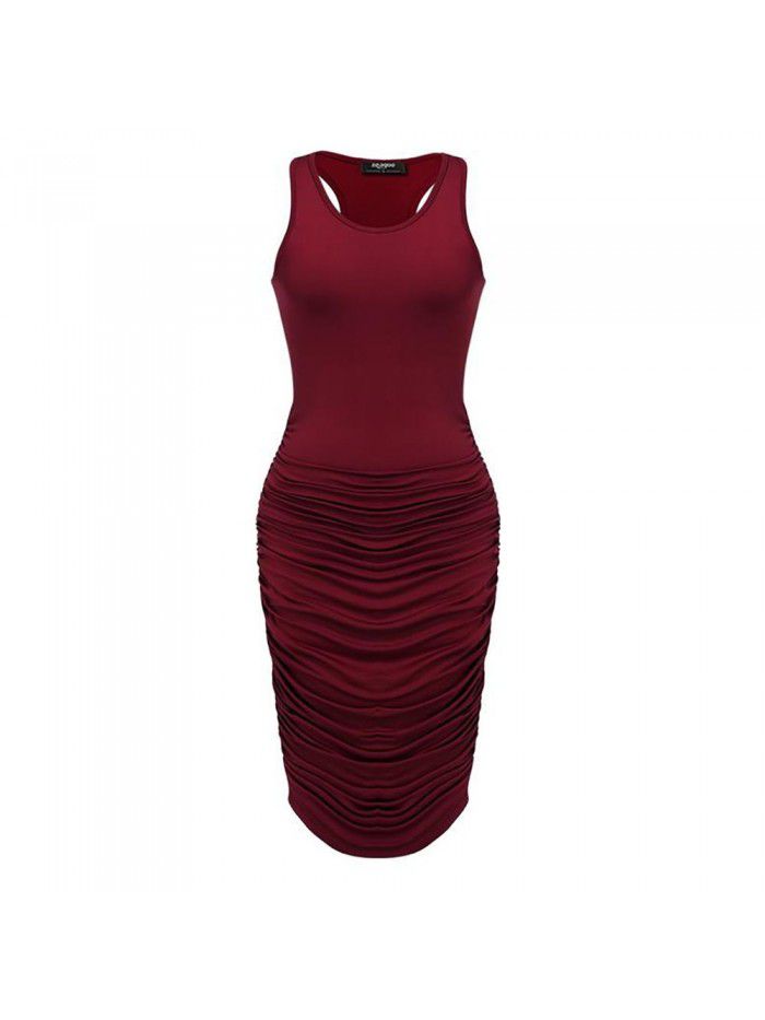 Summer European and American Fashion Women's Sexy Dress Slim Fit Pleated Sleeveless Tank Top Wrapped Hip Dress