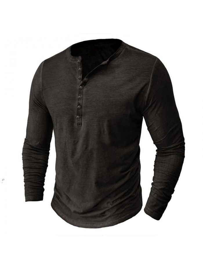 Men's imitation old Henry shirt retro long sleeved T-shirt cross-border men's button washed old V-neck T-shirt top 