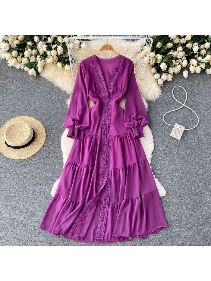 French style retro court lace V-neck high-grade dress with thin waist and single breasted large skirt 
