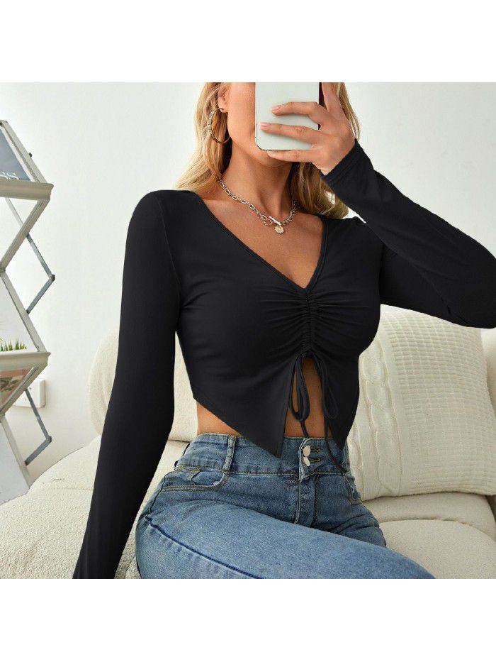 V-neck long sleeved drawstring slim fitting exposed navel top breathable pleated solid color simple sweet T-shirt Women's casual spring and autumn top 